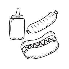 Hot dog and mustard bottle vector illustration in sketch style isolated on white background. Hot dog doodle drawing