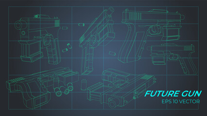 Set of future gun in different angle. 3d colorful vector illustration. Cyberpunk weapon in neon lights. Retrofuturistic trendy outline graphic with grunge and defect effects. 