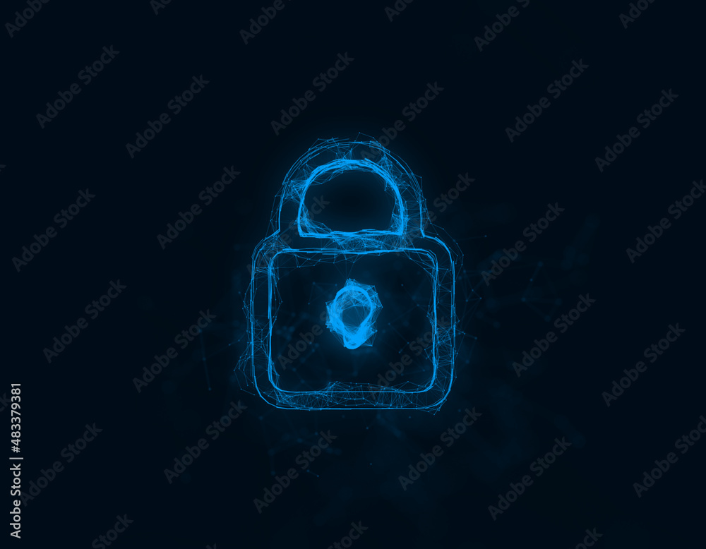Poster Lock icon with plexus effect. Connected lines with dots. Illustration