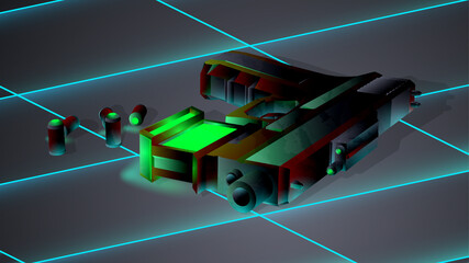 Future gun in retrofoturism style. 3d colorful vector illustration. Cyberpunk weapon in neon lights. Retrofuturistic trendy outline graphic with grunge and defect effects. 