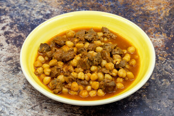 Traditional delicious Turkish foods; Turkish Food Chickpeas with Meat. Turkish name; Etli nohut