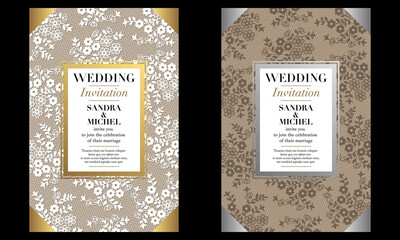 2 cartes d’invitation pour un mariage avec une décoration or et dentelle blanche ou argent et dentelle marron sur un fond de papier beige.