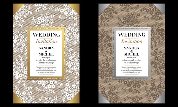 2 cartes d’invitation pour un mariage avec une décoration or et dentelle blanche ou argent et dentelle marron sur un fond de papier beige.