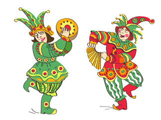 Buffoons vector. Dancing people in fancy costumes with a tambourine and musical instruments.