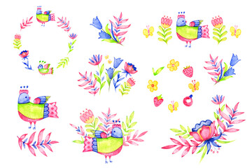 Greeting card, invitation, banner. Frame for your text with floral background. Folk painting illustration.