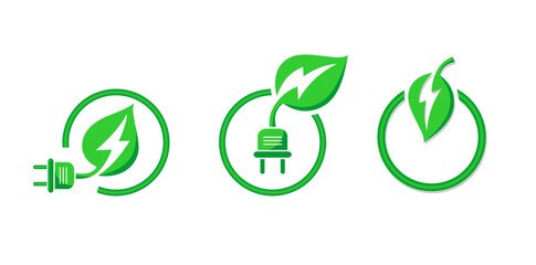 Eco start button icons set. Green energy transition. Preservation of the environment. Vector on transparent background