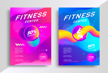 Fitness center flyer or poster with modern gradient background. Vector