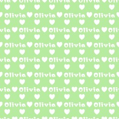 The female name is Olivia. A postcard for Olivia. Seamless repeating pattern with hearts. Congratulations to Olivia. Background for scrapbooking, albums, advertising, websites, bloggers.