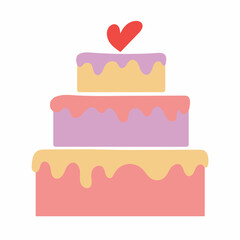 Valentine’s day cake icon isolated on white background. Cute sweets food. Homemade cake with pink heart. Flat design cartoon style dessert. Editable vector illustration for website, invitation,postcad