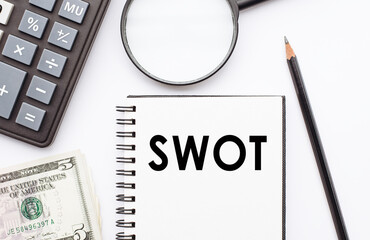 Strength Weaknesses Opportunities Threats on notepad next to calculator, pencil, magnifier and money on white table. Evaluation Strategy Concept