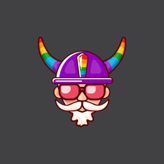 Funky old gay with beard, summer sunglasses, and funny hat with LGBT rainbow horns isolated on grey background. Gay pride icon, symbol or homosexual graphic label for printing on tee