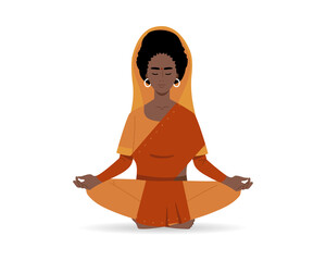 Indian priestess is sitting and doing meditation. Indian woman in lotus posture. Vector illustration in a flat style