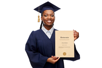 education, graduation and people concept - happy graduate student woman in mortarboard and bachelor gown showing diploma of university over white background