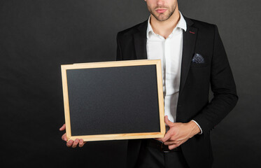 The business school for the world. Man crop view hold blackboard. Professional education