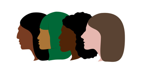 Profiles of women with different skin color. The concept of racial diversity, isolated on a white background