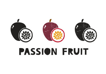 Passion fruit, silhouette icons set with lettering. Imitation of stamp, print with scuffs. Simple black shape and color vector illustration. Hand drawn isolated elements on white background