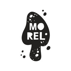 Morel mushroom grunge sticker. Black texture silhouette with lettering inside. Imitation of stamp, print with scuffs. Hand drawn isolated illustration on white background