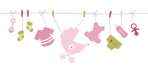 Banner Gerade Leine Babysymbole M&auml;dchen Rosa Olivgr&uuml;n