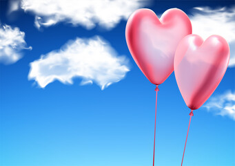3d pink hearts balloon couple on blue sky with clouds background. Valentine's day.