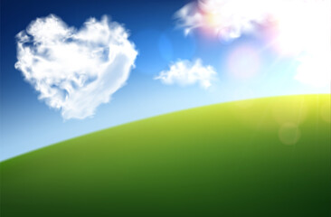 Obraz na płótnie Canvas Heart shape white clouds on blue sky background. Green hill. Valentine's day.
