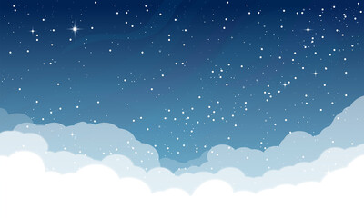 Starry sky with clouds. Dark night sky with shiny white stars and blue gradient sky. Horizontal vector template. Realistic sky view at night high in the sky.