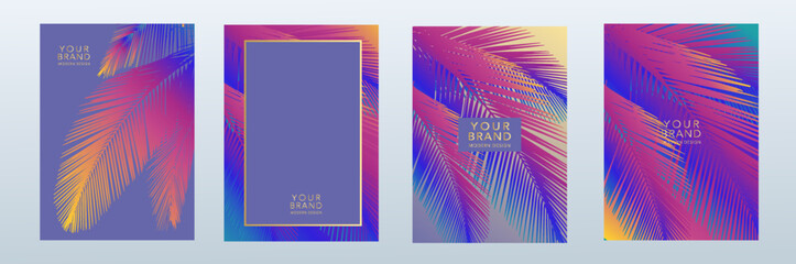 Modern tropical cover design set with abstract palm tree leaves. Luxury gold, very peri color vector background for web, flyer, business layout, certificate, digital brochure template, exotic menu