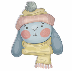 Illustration of a cute bunny with a hat and scarf in a cartoon, hand-drawn style.