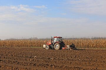 Obraz premium farmers sow winter wheat in fields, North China