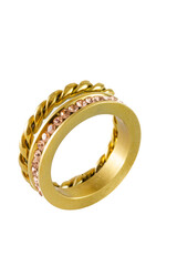 Knotted sparkly twin golden ring with zircons isolated on white background. Beautiful valentine's...