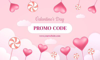 Valentine's Day background with lollipops, hearts in the clouds. Valentine's Day text and promo code in the middle, vector illustration. Banner, Flyers, invitations, promotional campaign