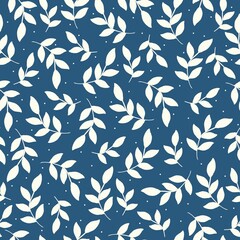 Vintage pattern. white plants leaves and dots . Blue background. Seamless vector template for design and fashion prints.