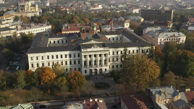 Aerial view of the cityscape and the main buildings of the Polytechnic University Lviv Ukraine. Central entrance. Green lawns and trees. Architecture.