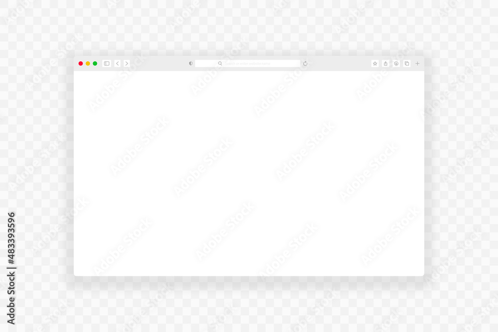 Poster Browser window. Realistic empty web page with toolbar, search and shadow. Browser window mockup on transparent background. Vector illustration.