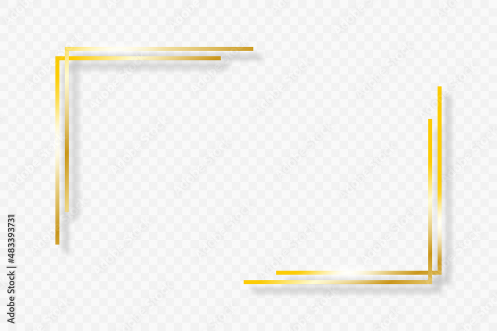 Poster Golden double frame elements. Gold angles border on transparent background with shadow. Rectangle dual corners with glow shine and light effect. Vector illustration.