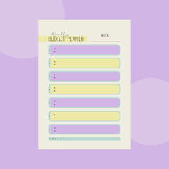 Weekly budget planner with blue, yellow and purple colours