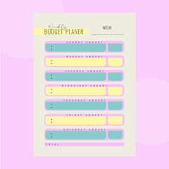 Weekly budget planner with pink, yellow and blue colours