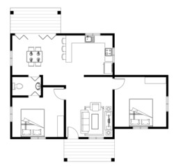 House with 2 bedroom layout plan. Complete with kitchen, bathroom, living room and dining area. 2D CAD drawings in black and white.