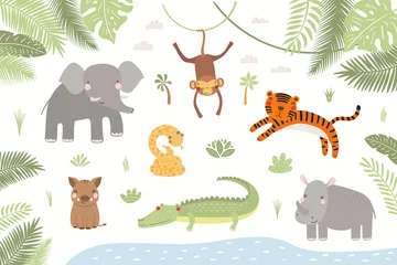 Tuinposter Cute tropical animals, tiger, crocodile, monkey, elephant, rhino, snake, boar, in the jungle. Hand drawn vector illustration. Scandinavian style flat design. Concept kids fashion print, poster card © Maria Skrigan