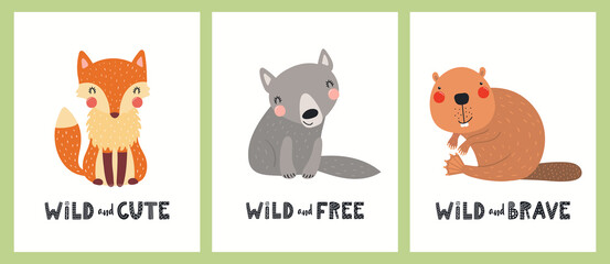 Cute funny wild animals, fox, wolf, beaver, quotes. Posters, cards collection. Hand drawn woodland wildlife vector illustration. Scandinavian style flat design. Concept for kids fashion, textile print