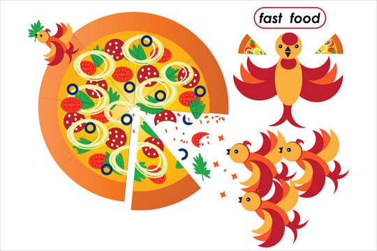 Isolated image of fast food advertisement. Pizza and birds on a white background. Italian traditional cuisine.