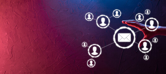 Obraz premium Email and user icon,sign,symbol marketing or newsletter concept, diagram.Sending email.Bulk mail.Email and sms marketing concept. Scheme of direct sales in business. List of clients for mailing.Neon