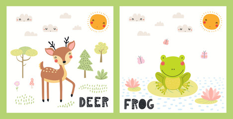 Cute funny wild animals, deer, frog, woodland landscape. Posters, cards collection. Hand drawn wildlife vector illustration. Scandinavian style flat design. Concept for kids fashion, textile print.