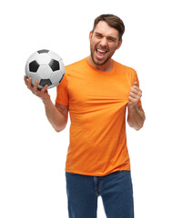sport, leisure games and people concept - happy smiling man or football fan with soccer ball over white background - obrazy, fototapety, plakaty