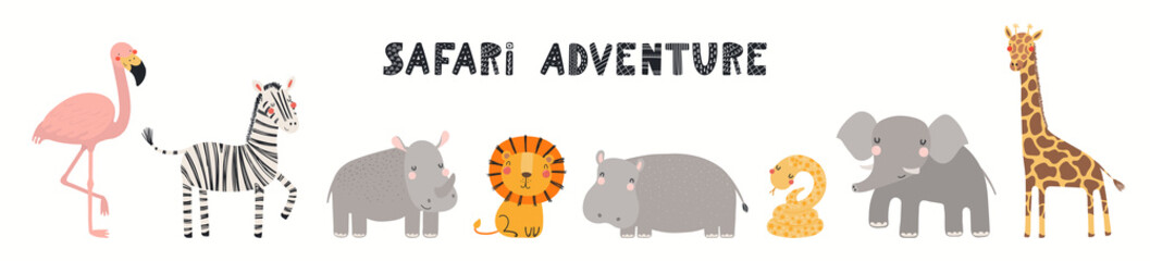 Cute funny tropical animals banner, card, quote Safari adventure, isolated on white. Hand drawn vector illustration. Scandinavian style flat design. Concept for kids fashion, textile print, poster