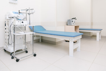 Devices for rehabilitation. Hospital diagnostic room. Modern medical equipment, preventional medicine and healthcare concept. Modern hospital laboratory. Treatment room. Physiotherapy. Doctor office