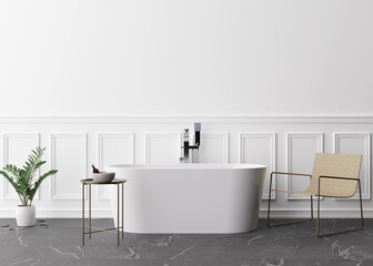 Empty white wall in modern and luxury bathroom. Mock up interior in classic style. Free space, copy space for your picture, text, or another design. Bath, table, armchair, palm. 3D rendering.