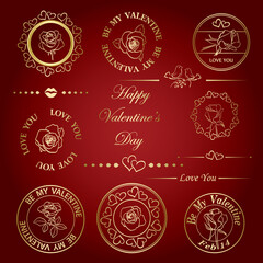 set of golden romantic frames with roses and dividers with hearts for valentine day - vector decorative design stamps