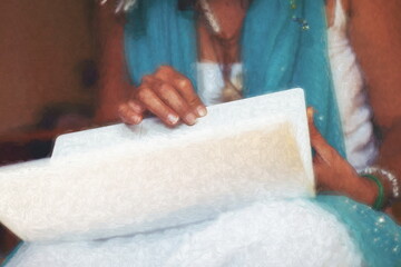 Image of young woman while working with laptop. Painting effect.