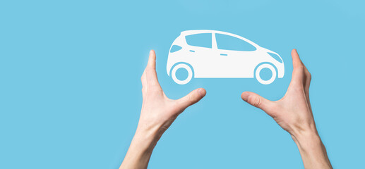 Digital composite of Man holding car icon.Car automobile insurance and car services concept....
