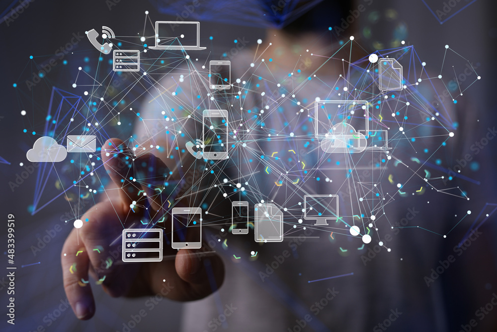 Poster database data Cloud technology. Integrated digital web concept background